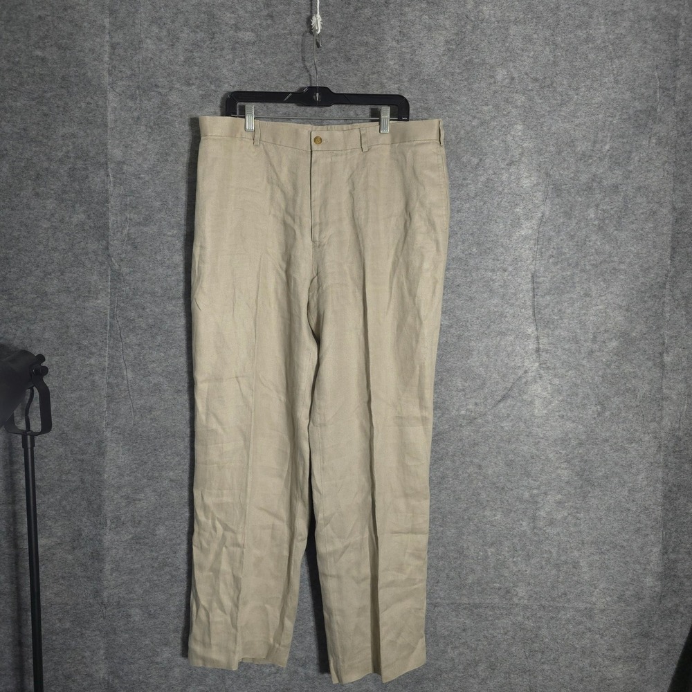Perry Ellis Linen Pants Mens 36x32 Beige Khaki Straight Leg Flat Front Trousers